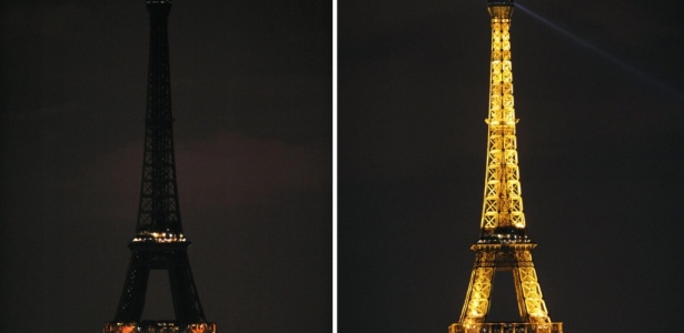 Torre Eiffel com as luzes apagadas (à esq.) e acesas na Hora do Planeta 2009, em Paris, França