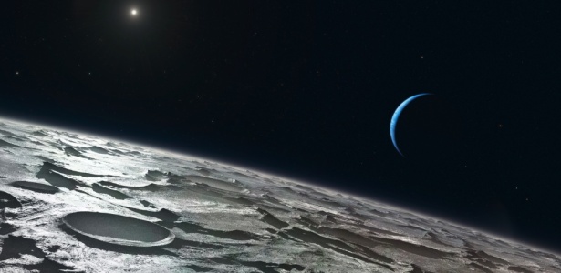 Concepção artística de Tritão, uma das luas de Netuno; veja no álbum do mês