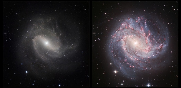 Composição mostra a galáxia Messier 83 e a versão obtida com infravermelho (d); veja no álbum