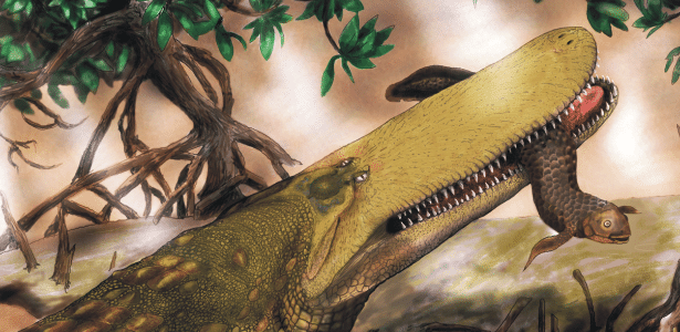 Concepção artística da criatura extinta, apelidada de crocodilo-escudo