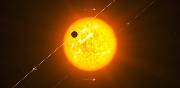 Concepção artística mostra o planeta Wasp 8b, que orbita em sentido oposto ao de sua estrela  - ESO
