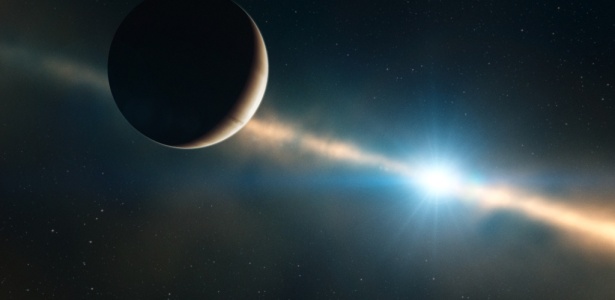 Concepção artística mostra, em primeiro plano, o exoplaneta Beta Pictoris b e, à direita, sua estrela rodeada de um disco de poeira; clique aqui para ver as imagens do mês - ESO