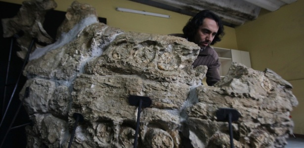 O paleontólogo Rodolfo Salas arruma peças no Museu de História Natural de Lima - Efe