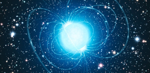 Impressão artística mostra como seria a magnetar - estrela de nêutrons - no aglomerado Westerlund 1; clique aqui para ver esta e outras imagens no álbum do mês - ESO